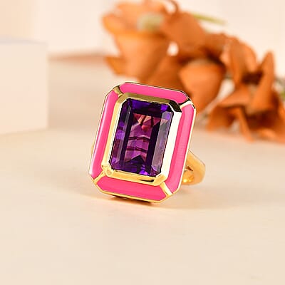 Moroccan Amethyst and Enameled Ring in Vermeil Yellow Gold Over Sterling Silver (Size 10.0) 7.40 ctw