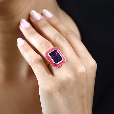 Moroccan Amethyst and Enameled Ring in Vermeil Yellow Gold Over Sterling Silver (Size 10.0) 7.40 ctw