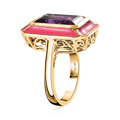 Moroccan Amethyst and Enameled Ring in Vermeil Yellow Gold Over Sterling Silver (Size 10.0) 7.40 ctw