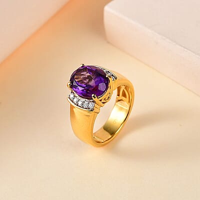 Moroccan Amethyst and Moissanite Ring in Vermeil Yellow Gold Over Sterling Silver (Size 10.0) 3.65 ctw