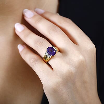 Moroccan Amethyst and Moissanite Ring in Vermeil Yellow Gold Over Sterling Silver (Size 10.0) 3.65 ctw