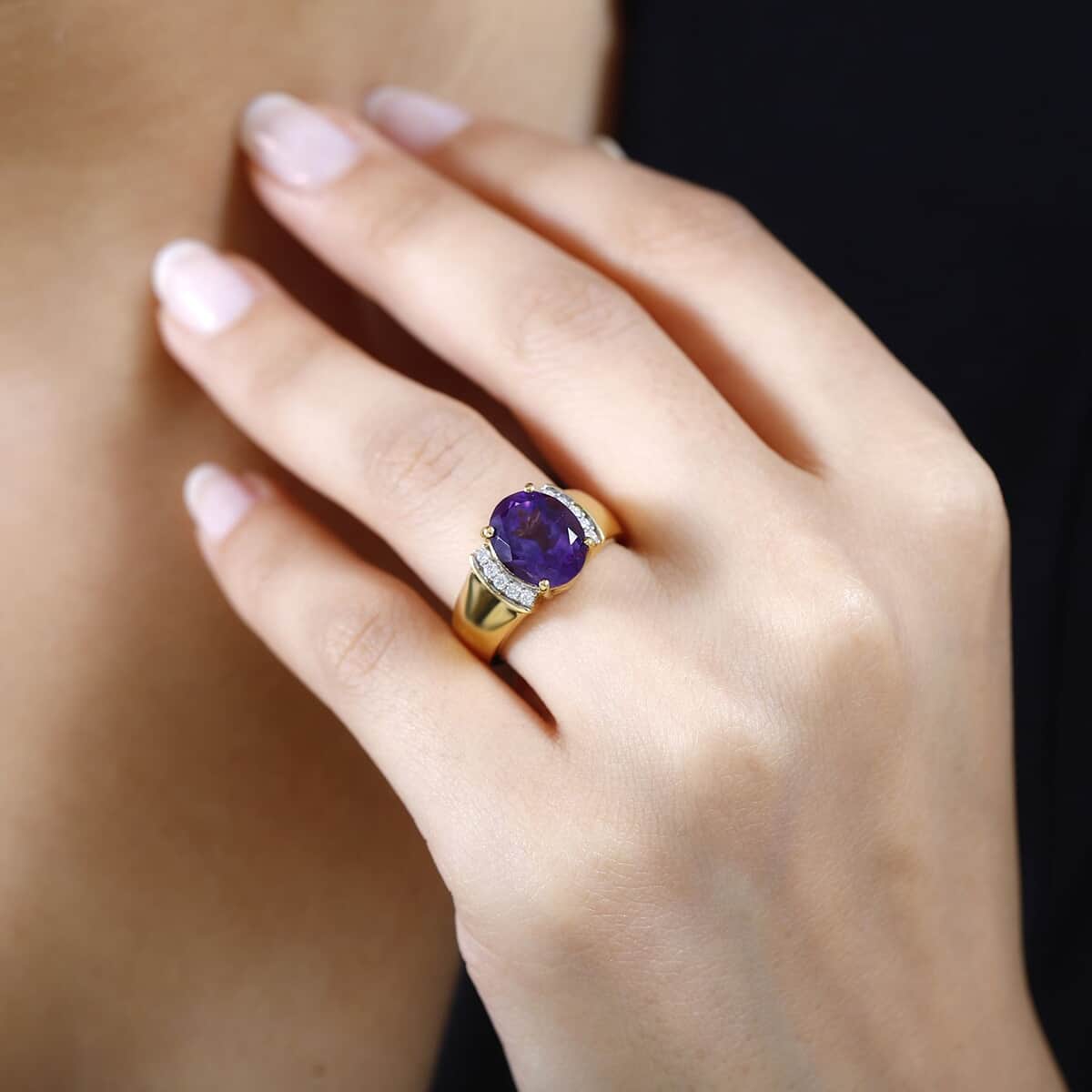 Moroccan Amethyst and Moissanite Ring in Vermeil Yellow Gold Over Sterling Silver (Size 7.0) 3.65 ctw image number 2