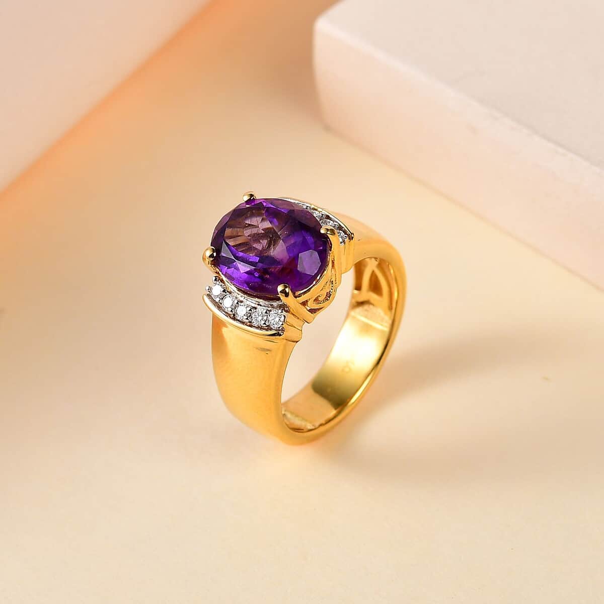 Moroccan Amethyst and Moissanite Ring in Vermeil Yellow Gold Over Sterling Silver (Size 8.0) 3.65 ctw image number 1