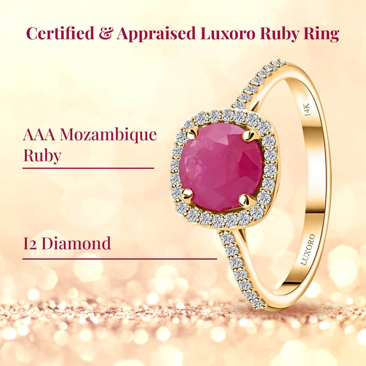 Certified & Appraised Luxoro 14K Yellow Gold AAA Mozambique Ruby, Diamond (I2) (0.24 cts) Ring (Size 5.5) 1.85 ctw image number 2