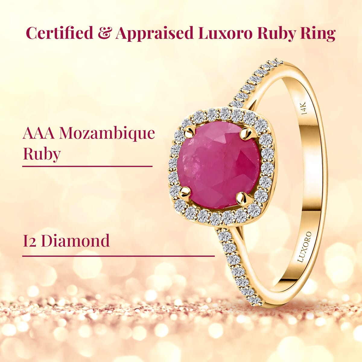 Certified & Appraised Luxoro 14K Yellow Gold AAA Mozambique Ruby, Diamond (I2) (0.24 cts) Ring (Size 7.5) 1.85 ctw image number 2