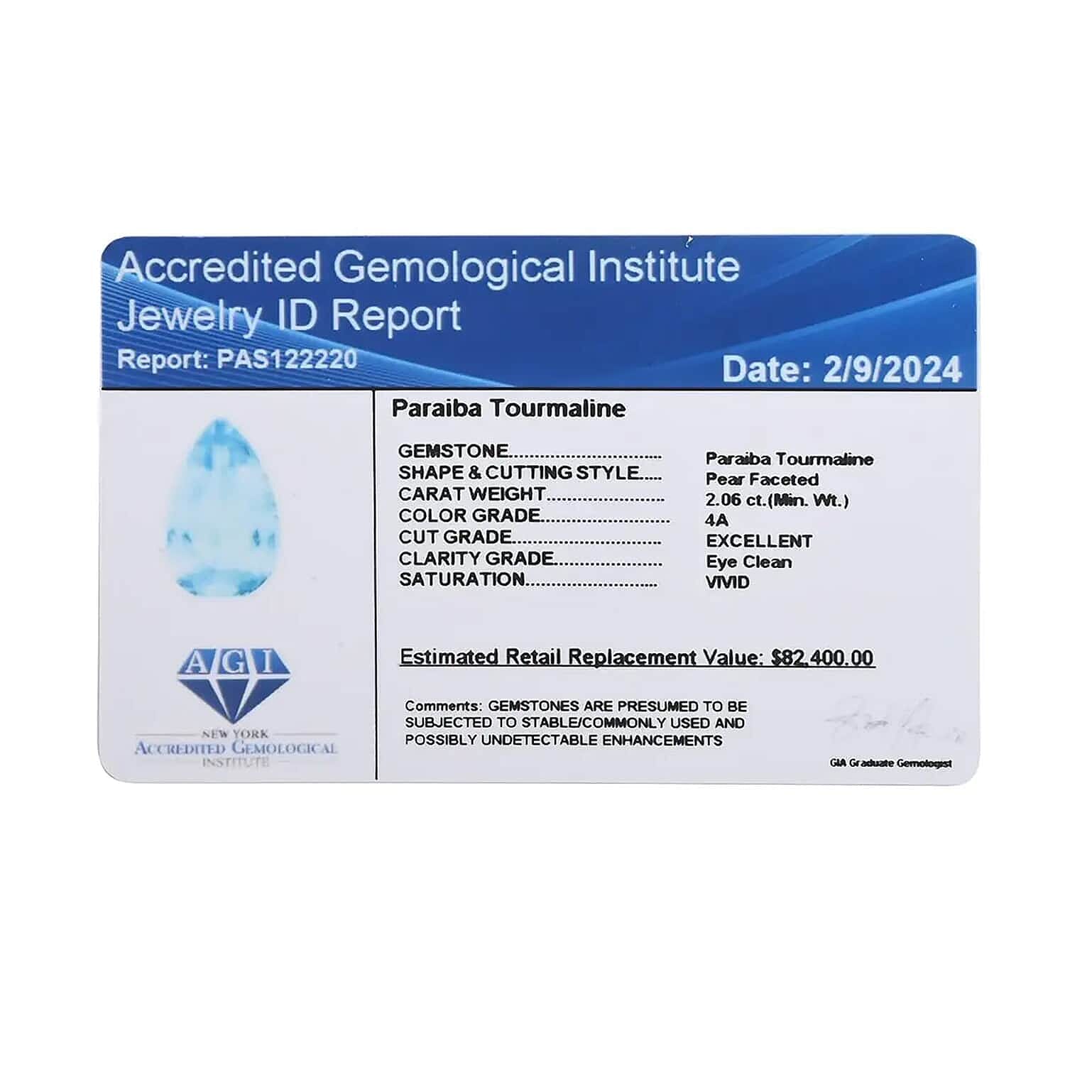 Certified & Appraised AAAA Paraiba Tourmaline (Pear 15.5x7mm) 2.63 ctw