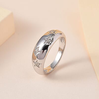 Diamond Bold Stars Band Ring in Platinum Over Sterling Silver (Size 6.0) 0.05 ctw