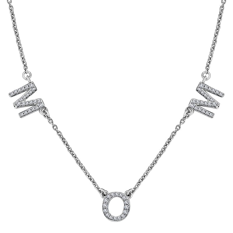 Mother's Day Gift Moissanite MOM Necklace 18 Inches in Platinum Over Sterling Silver 0.55 ctw