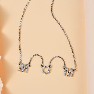 Mother's Day Gift Moissanite MOM Necklace 18 Inches in Platinum Over Sterling Silver 0.55 ctw