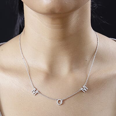 Mother's Day Gift Moissanite MOM Necklace 18 Inches in Platinum Over Sterling Silver 0.55 ctw