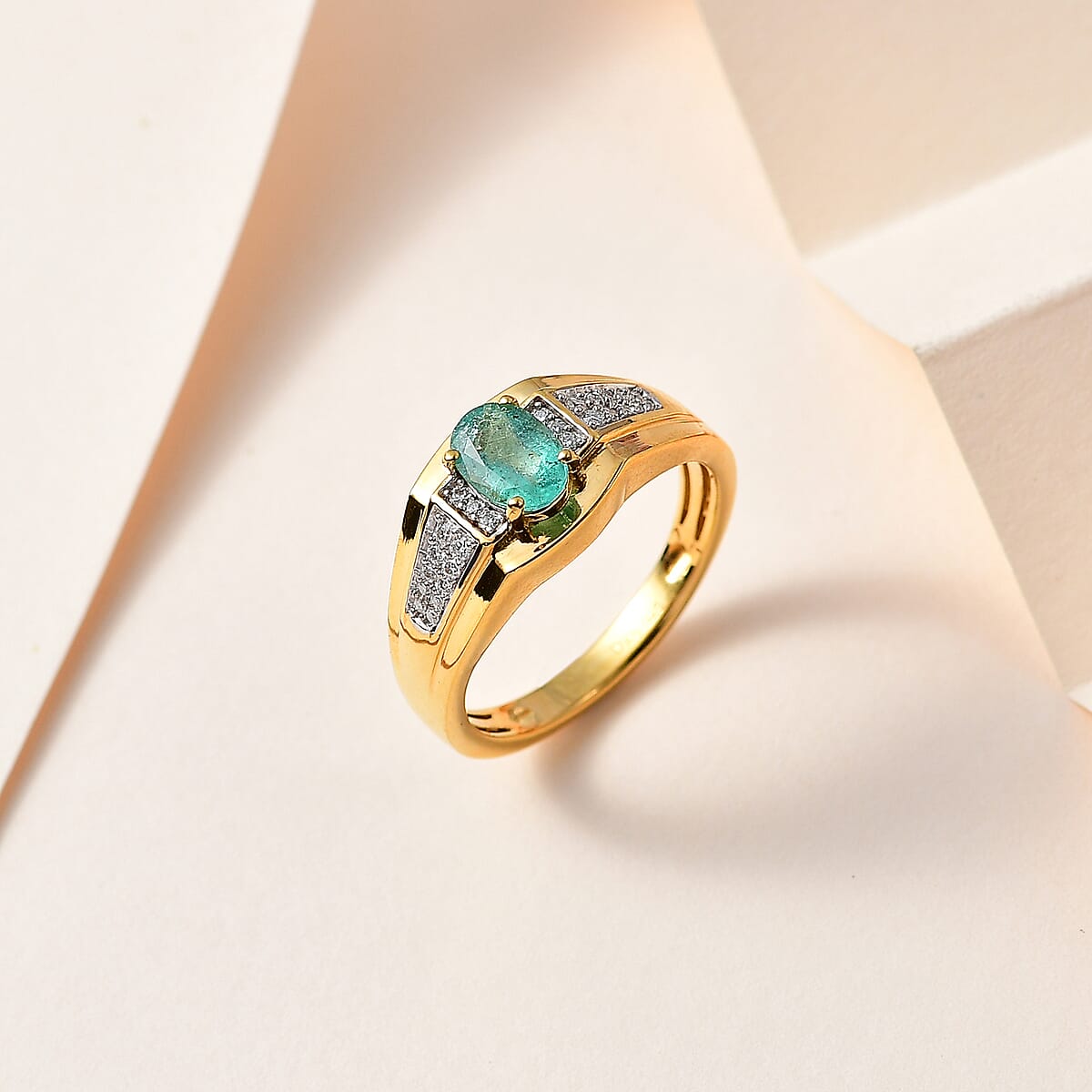 Kagem Zambian Emerald and Moissanite Men's Ring in Vermeil Yellow Gold Over Sterling Silver (Size 9.0) 1.00 ctw image number 1