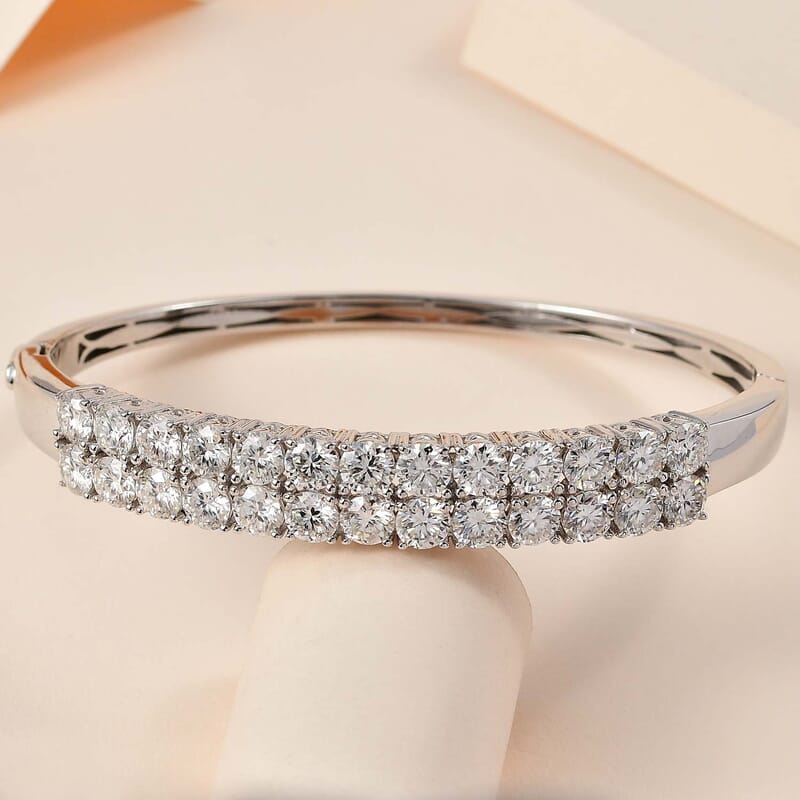Moissanite Double Row Bangle Bracelet in Platinum Over Sterling Silver (7.25 In) 11.60 ctw