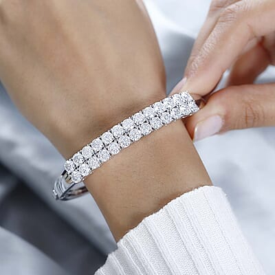 Moissanite Double Row Bangle Bracelet in Platinum Over Sterling Silver (7.25 In) 11.60 ctw