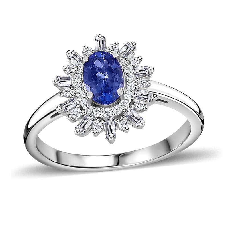 AAA Tanzanite and White Zircon Starburst Ring in Platinum Over Sterling Silver (Size 10.0) 0.90 ctw