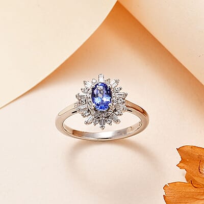 AAA Tanzanite and White Zircon Starburst Ring in Platinum Over Sterling Silver (Size 10.0) 0.90 ctw