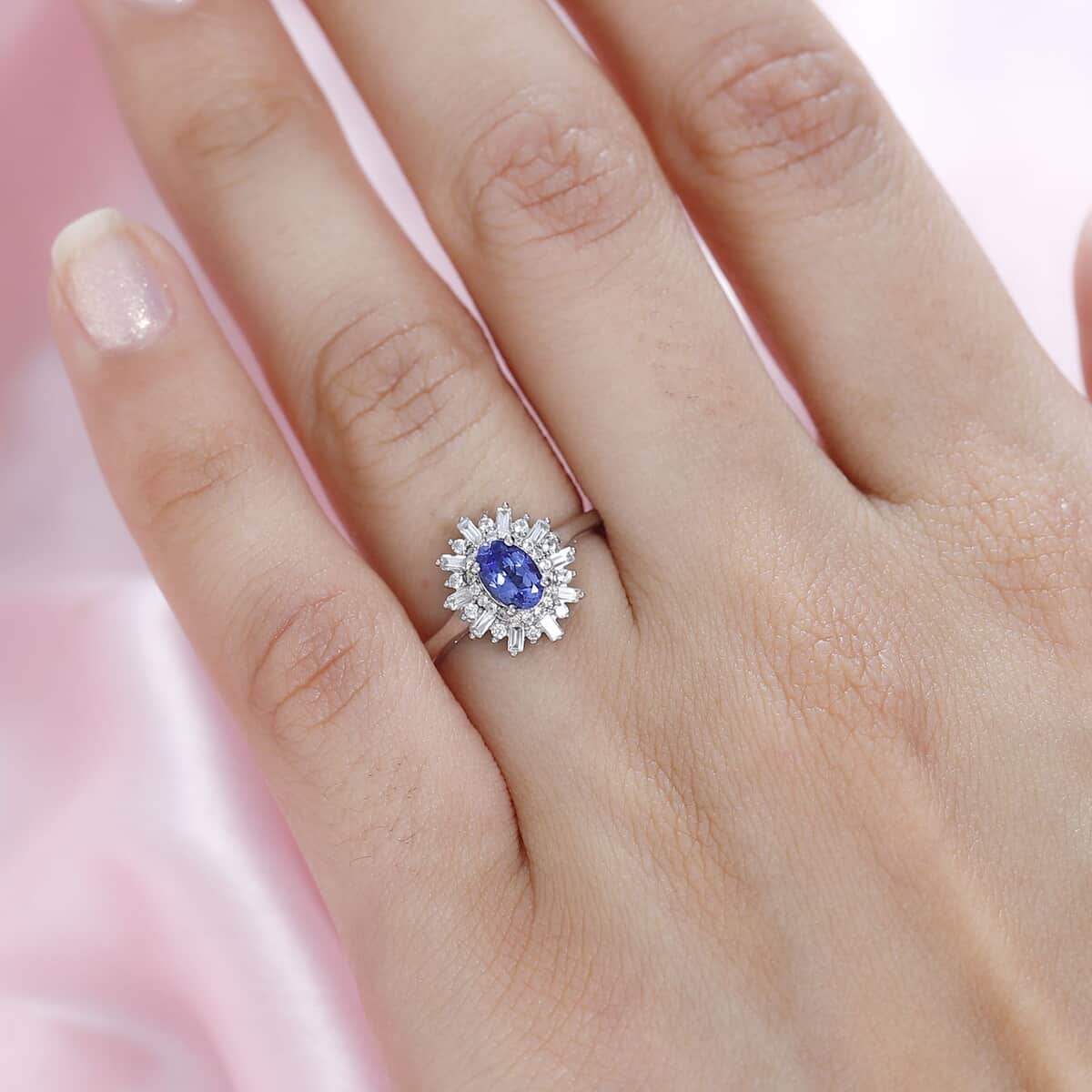 AAA Tanzanite and White Zircon Starburst Ring in Platinum Over Sterling Silver (Size 10.0) 0.90 ctw image number 2