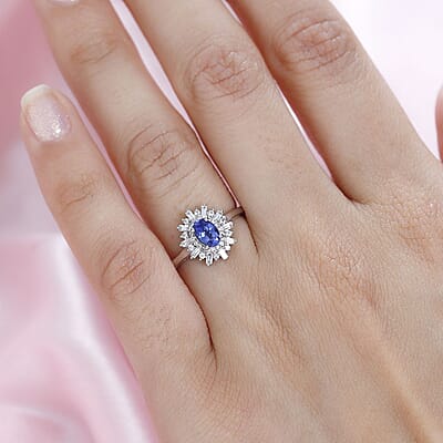 AAA Tanzanite and White Zircon Starburst Ring in Platinum Over Sterling Silver (Size 10.0) 0.90 ctw