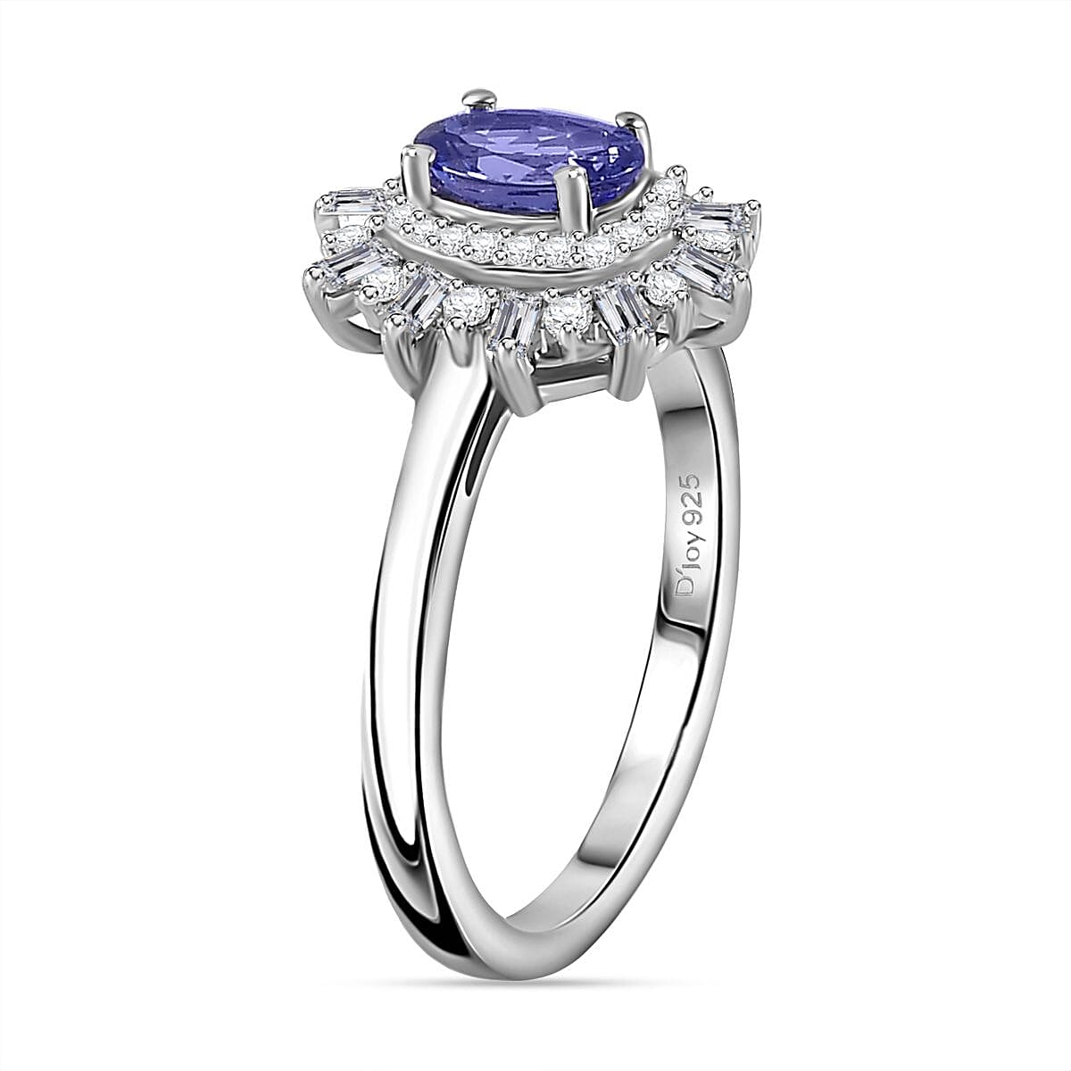 AAA Tanzanite and White Zircon Starburst Ring in Platinum Over Sterling Silver (Size 10.0) 0.90 ctw