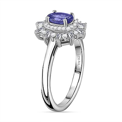 AAA Tanzanite and White Zircon Starburst Ring in Platinum Over Sterling Silver (Size 10.0) 0.90 ctw