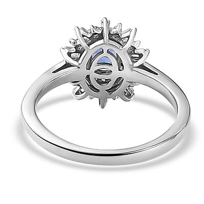 AAA Tanzanite and White Zircon Starburst Ring in Platinum Over Sterling Silver (Size 10.0) 0.90 ctw