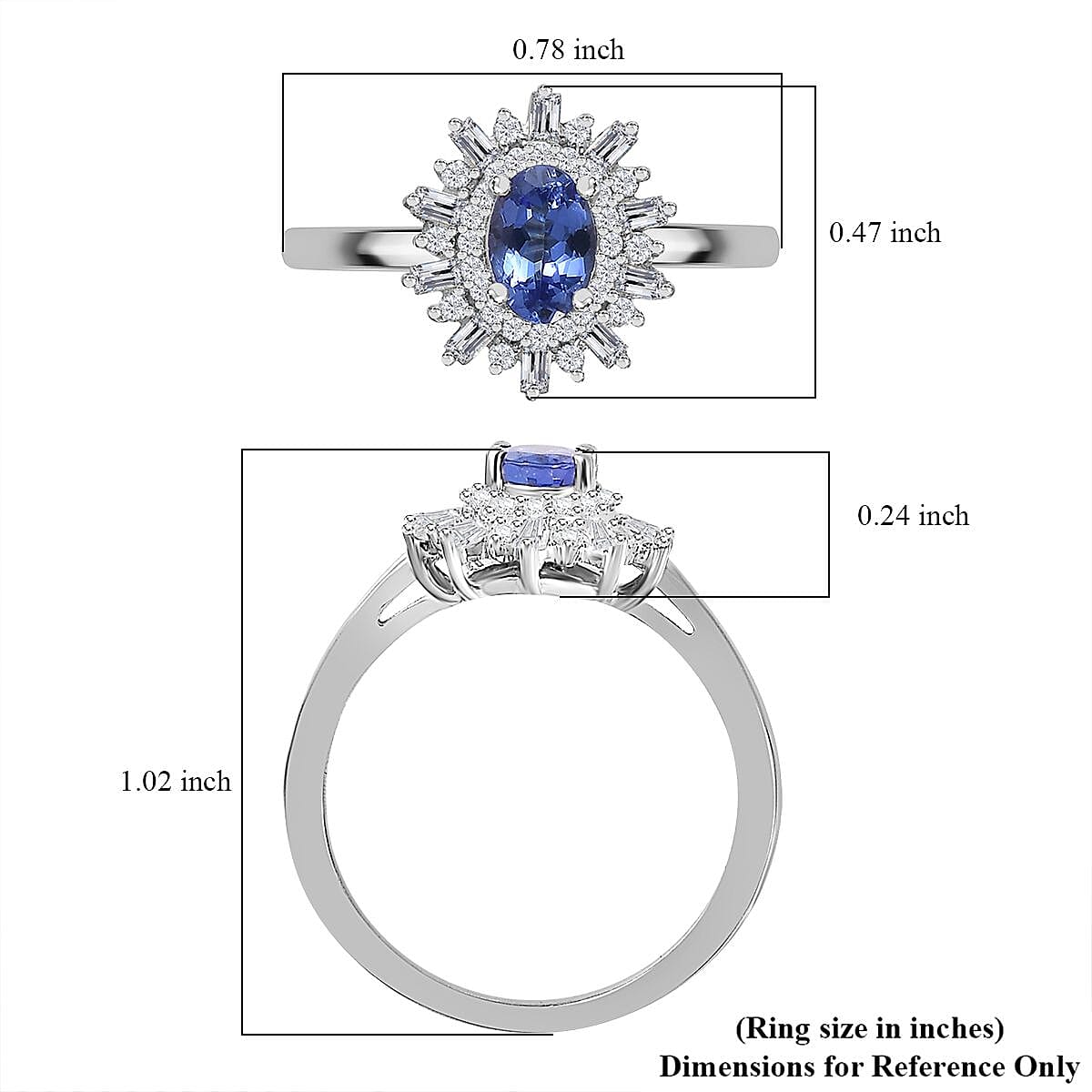 AAA Tanzanite and White Zircon Starburst Ring in Platinum Over Sterling Silver (Size 10.0) 0.90 ctw