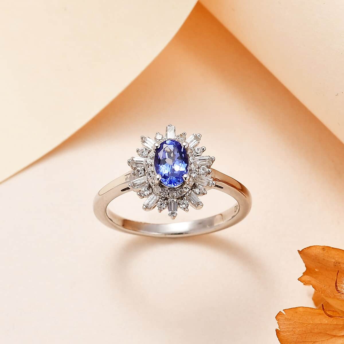 AAA Tanzanite and White Zircon Starburst Ring in Platinum Over Sterling Silver (Size 6.0) 0.90 ctw image number 1