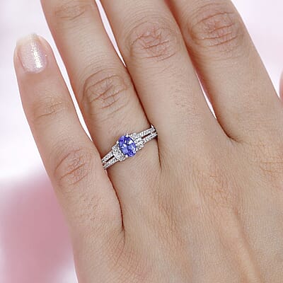 AAA Tanzanite and White Zircon Ring in Platinum Over Sterling Silver (Size 10.0) 0.75 ctw