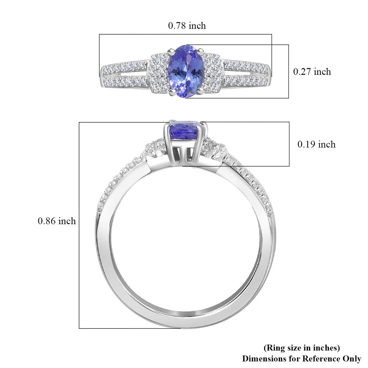 AAA Tanzanite, White Zircon Ring in Platinum Over Sterling Silver (Size 10.0) 0.75 ctw image number 4