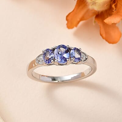 Tanzanite and Moissanite Ring in Platinum Over Sterling Silver (Size 10.0) 0.65 ctw