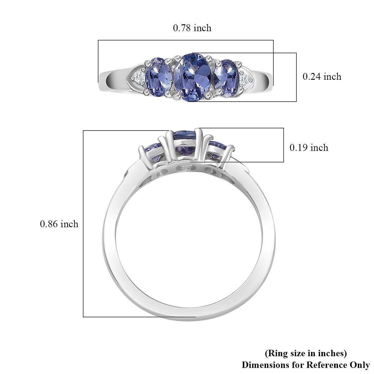Tanzanite and Moissanite Ring in Platinum Over Sterling Silver (Size 10.0) 0.65 ctw