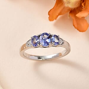 Tanzanite and Moissanite Ring in Platinum Over Sterling Silver (Size 8.0) 0.65 ctw