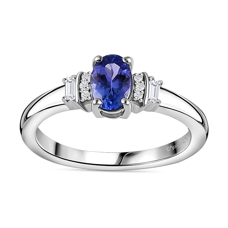 AAA Tanzanite and White Zircon Ring in Platinum Over Sterling Silver (Size 10.0) 0.60 ctw