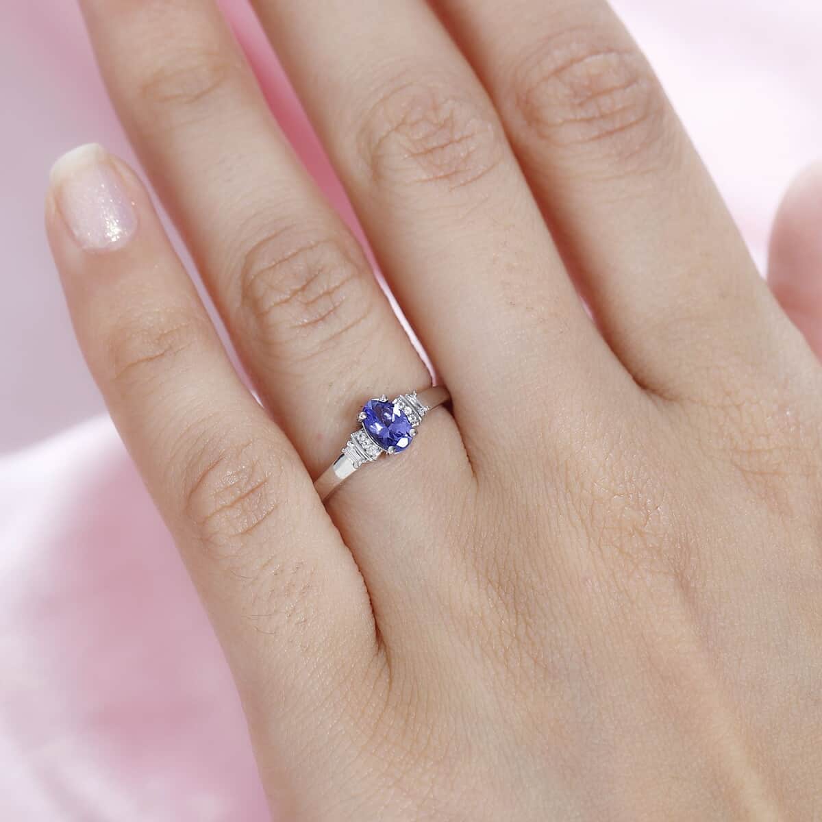 AAA Tanzanite and White Zircon Ring in Platinum Over Sterling Silver (Size 10.0) 0.60 ctw image number 2