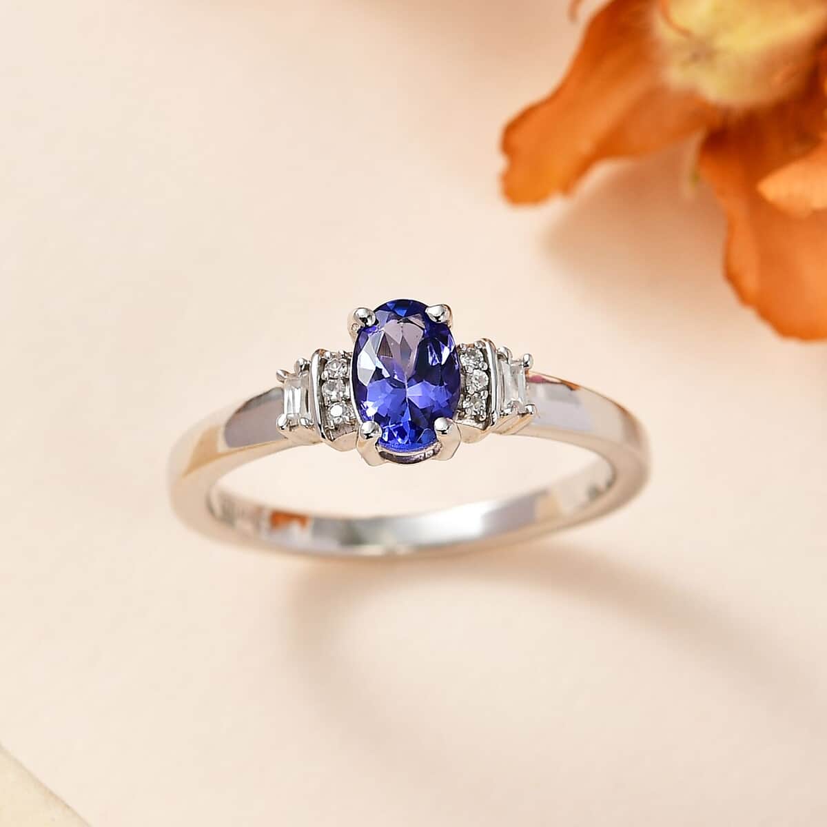 AAA Tanzanite and White Zircon Ring in Platinum Over Sterling Silver (Size 5.0) 0.60 ctw image number 1