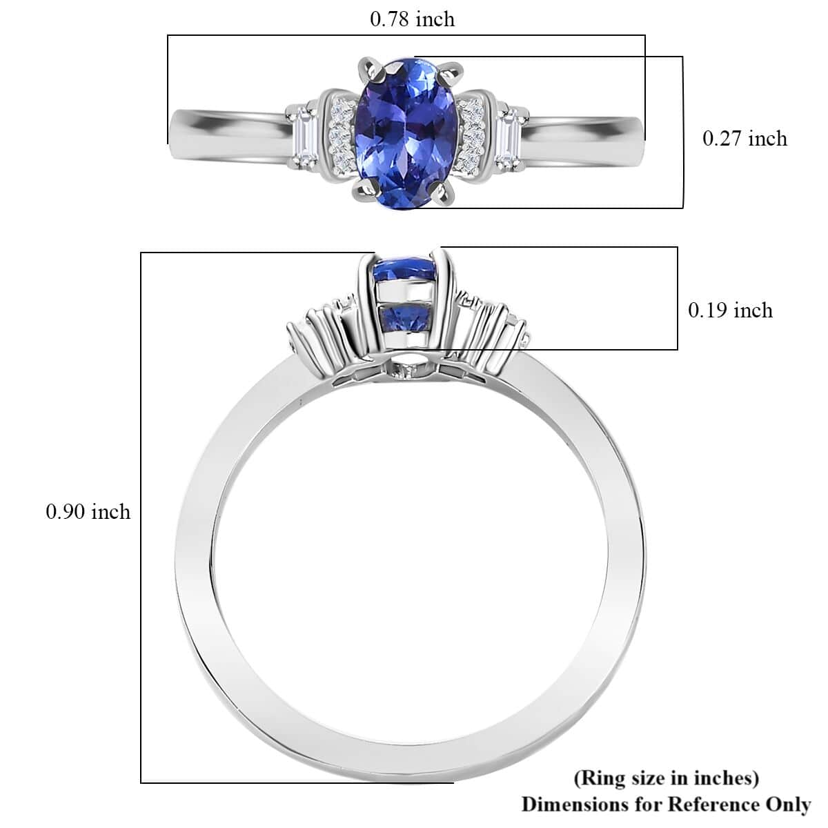 AAA Tanzanite and White Zircon Ring in Platinum Over Sterling Silver (Size 8.0) 0.60 ctw image number 5