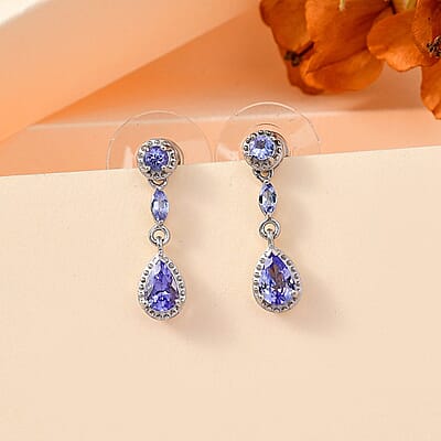 D'Joy Tanzanite Dangle Earrings in Platinum Over Sterling Silver 1.20 ctw