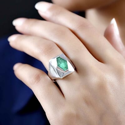 Emeraldine Triplet Quartz and Kanchanaburi Blue Sapphire 3.48 ctw Fancy Ring in Rhodium Over Sterling Silver (Size 9)