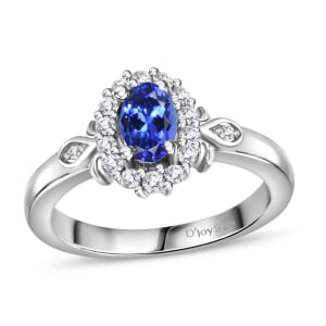 AAA Tanzanite and White Zircon Halo Ring in Platinum Over Sterling Silver (Size 10.0) 0.75 ctw