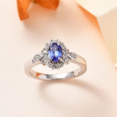 AAA Tanzanite and White Zircon Halo Ring in Platinum Over Sterling Silver (Size 10.0) 0.75 ctw