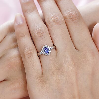 AAA Tanzanite and White Zircon Halo Ring in Platinum Over Sterling Silver (Size 10.0) 0.75 ctw