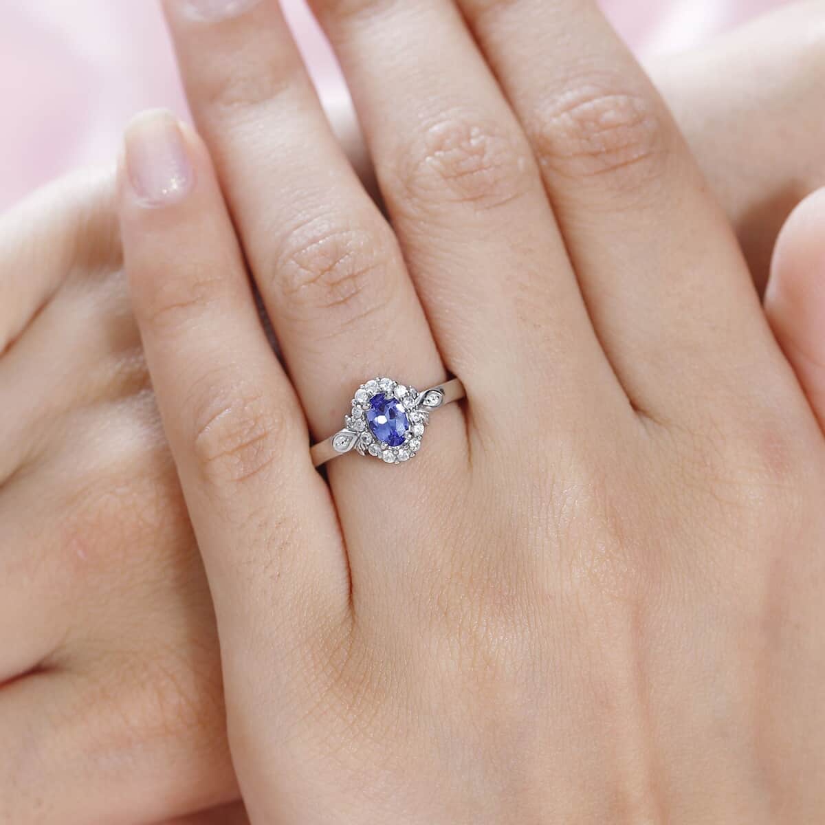 AAA Tanzanite and White Zircon Halo Ring in Platinum Over Sterling Silver (Size 10.0) 0.75 ctw image number 2