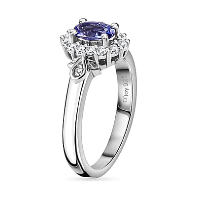 AAA Tanzanite and White Zircon Halo Ring in Platinum Over Sterling Silver (Size 10.0) 0.75 ctw