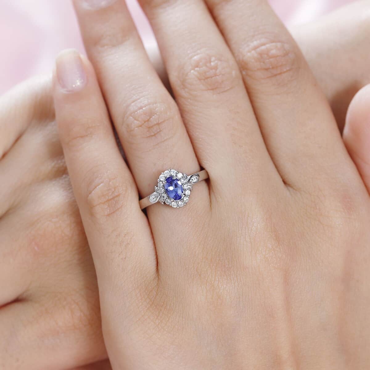 AAA Tanzanite and White Zircon Halo Ring in Platinum Over Sterling Silver (Size 5.0) 0.75 ctw image number 2