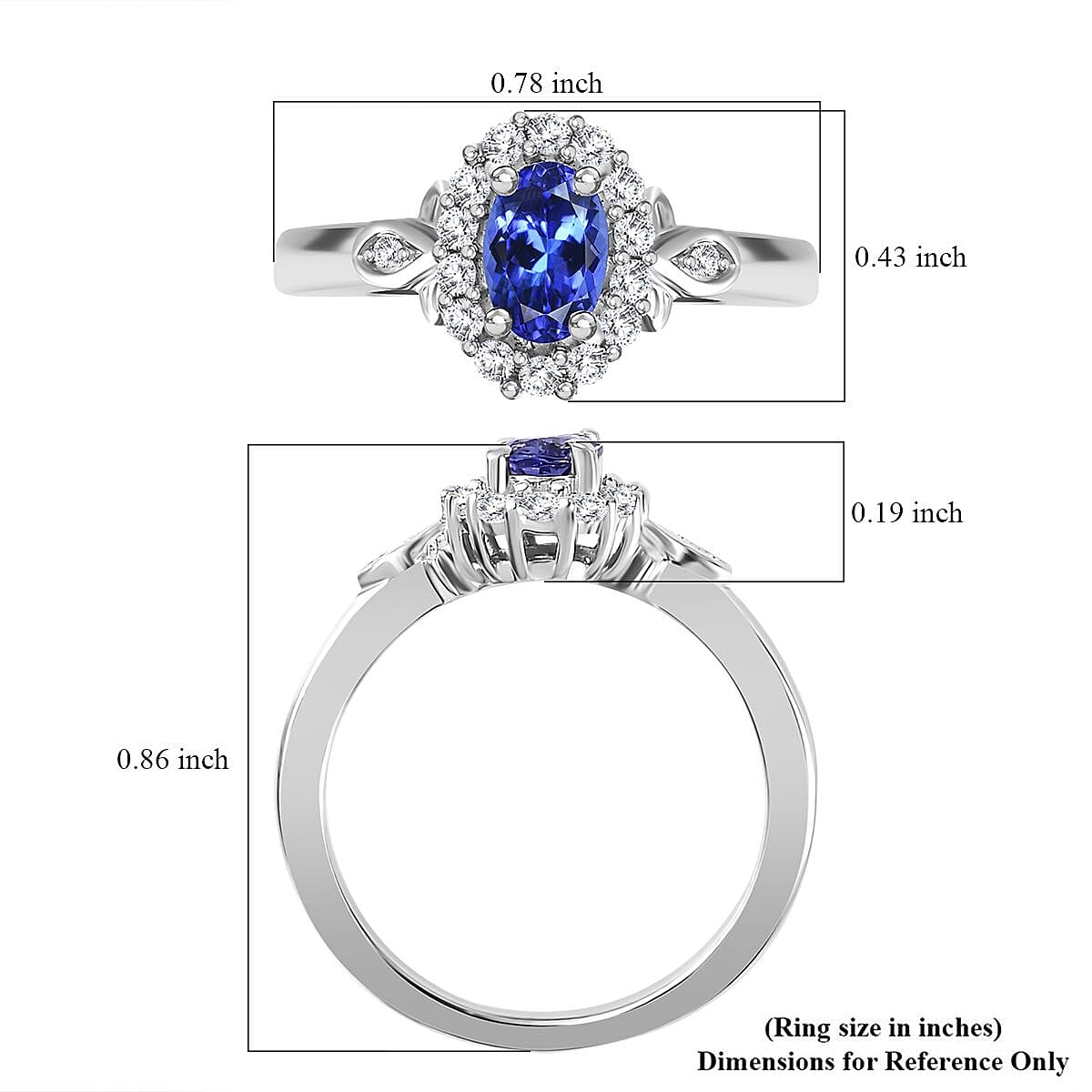 AAA Tanzanite and White Zircon Halo Ring in Platinum Over Sterling Silver (Size 5.0) 0.75 ctw
