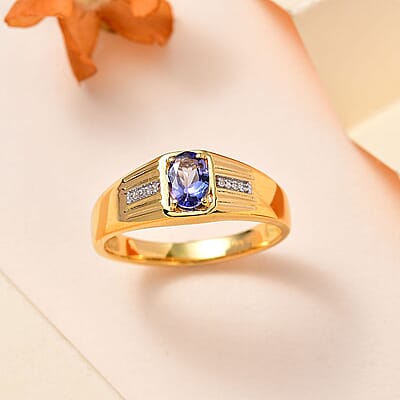 Tanzanite and White Zircon Men's Ring in Vermeil Yellow Gold Over Sterling Silver (Size 10.0) 0.80 ctw
