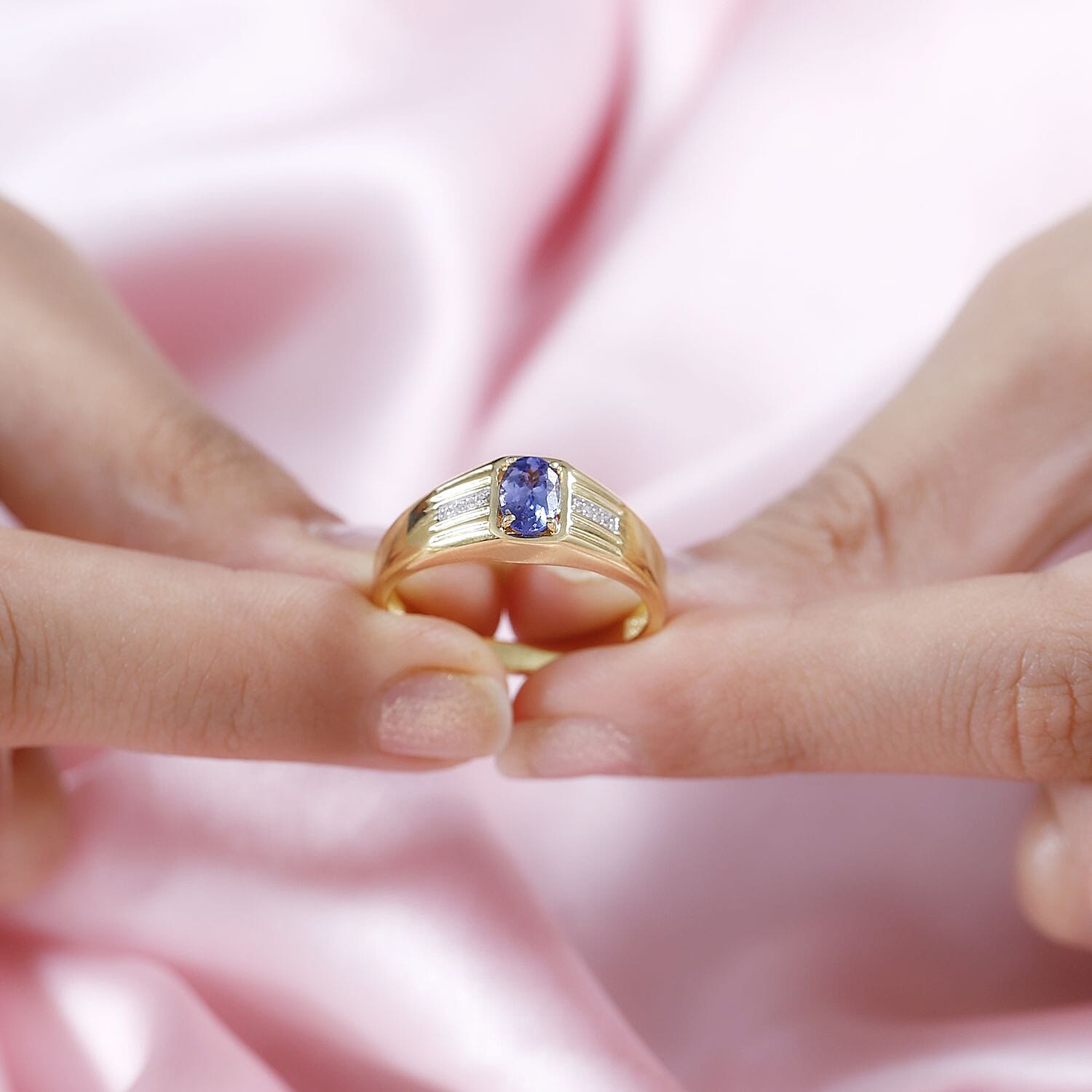 Tanzanite and White Zircon Men's Ring in Vermeil Yellow Gold Over Sterling Silver (Size 10.0) 0.80 ctw