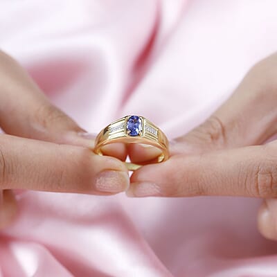 Tanzanite and White Zircon Men's Ring in Vermeil Yellow Gold Over Sterling Silver (Size 10.0) 0.80 ctw