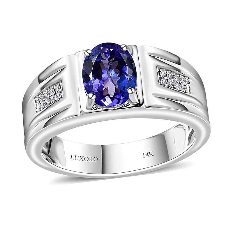 Luxoro 14K White Gold AAA Tanzanite and G-H I2 Diamond Men's Ring (Size 10.0) 7.15 Grams 2.00 ctw
