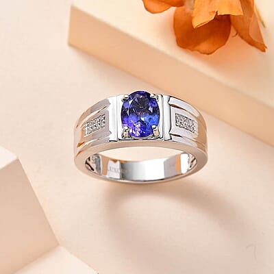 Luxoro 14K White Gold AAA Tanzanite and G-H I2 Diamond Men's Ring (Size 10.0) 7.15 Grams 2.00 ctw