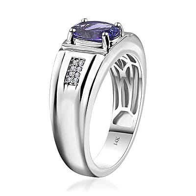 Luxoro 14K White Gold AAA Tanzanite and G-H I2 Diamond Men's Ring (Size 10.0) 7.15 Grams 2.00 ctw